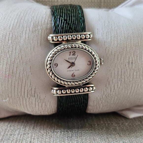 Ecclissi Sterling Silver Ladies Wristwatch Green Tone Genuine Leather Strap Watc - Picture 6 of 13